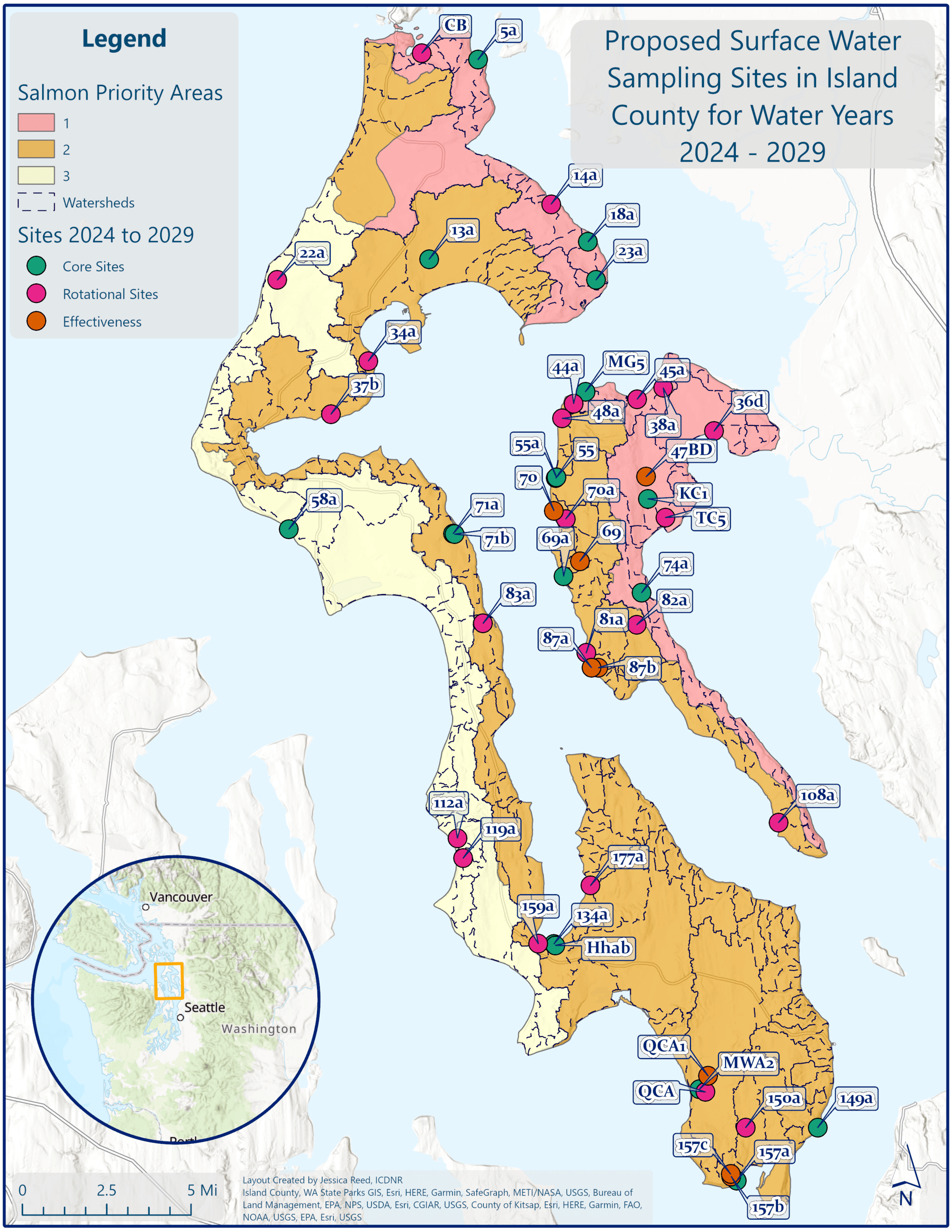 Proposed surface water sampling sites in Island County for water years 2024-2029