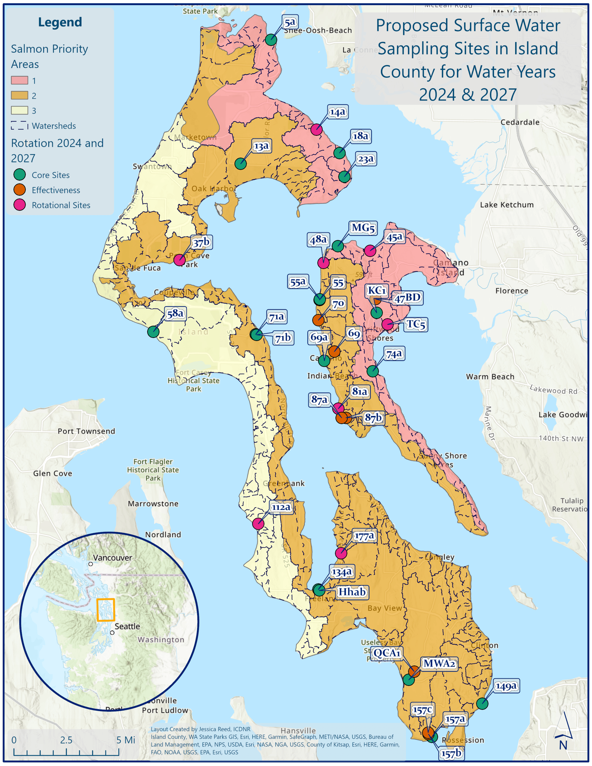 2024 and 2027 proposed surface water sampling sites in Island County