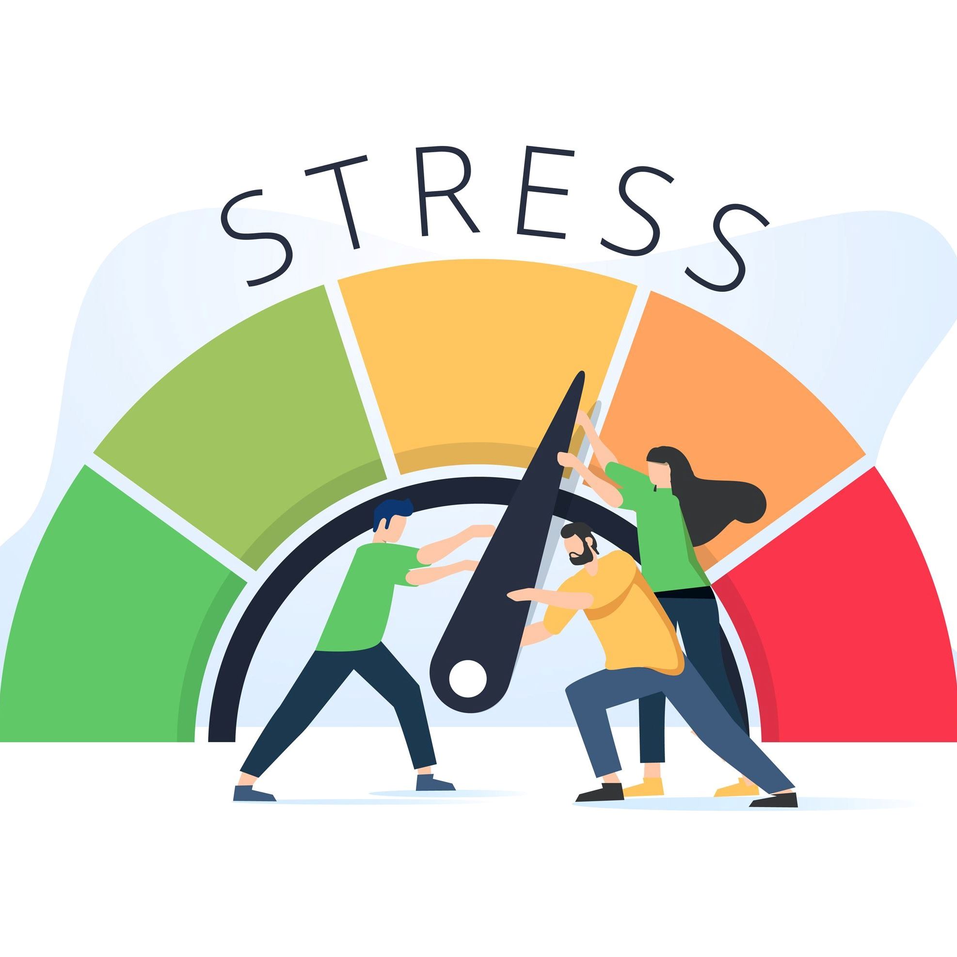 Graphic of people pulling the needle on a stress-meter