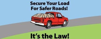 Cartoon image of a truck with a secure load. Secure your load for safer roads, it's the law!