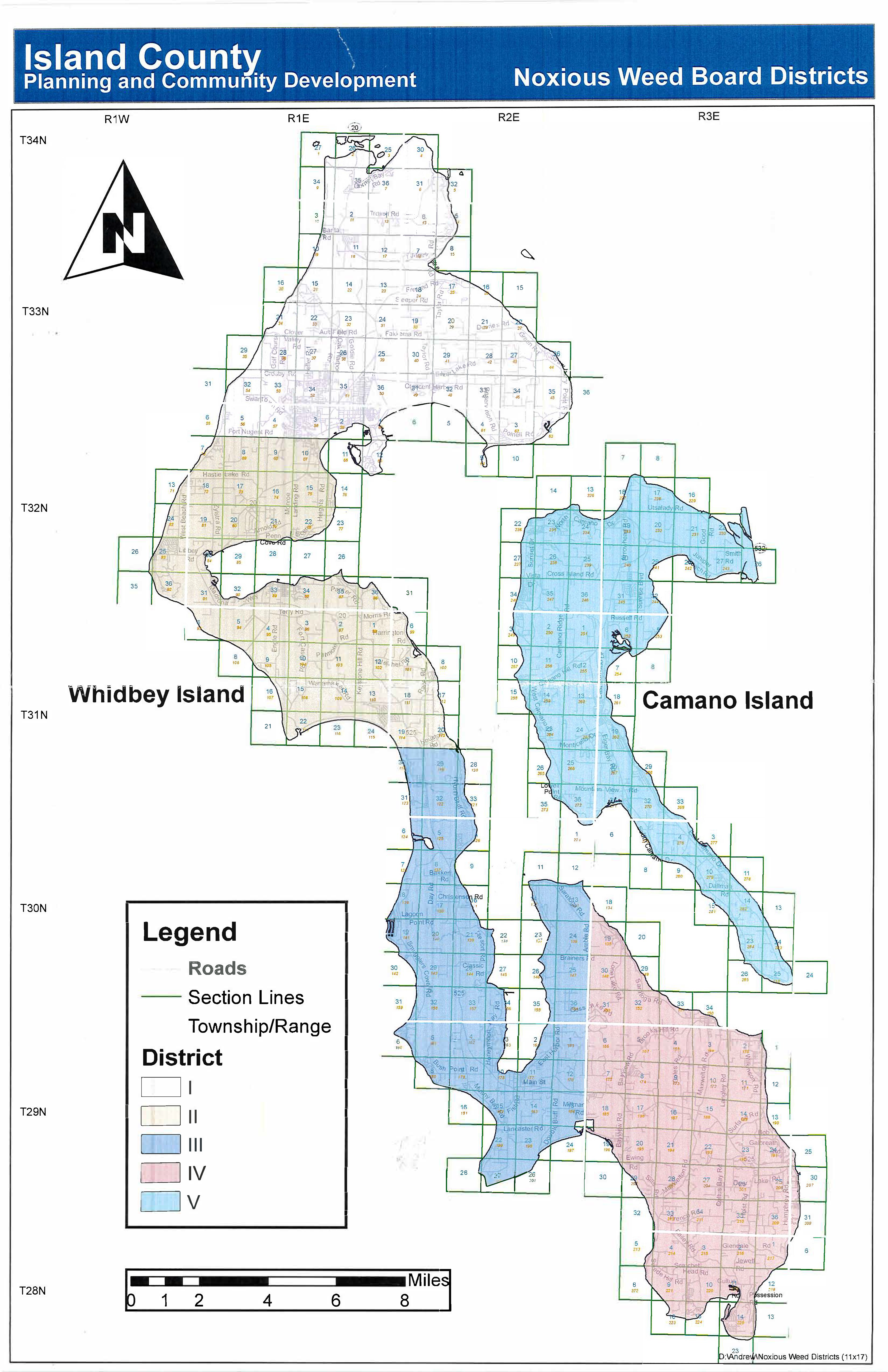 A map showing the weed districts of Island County as of 2025
