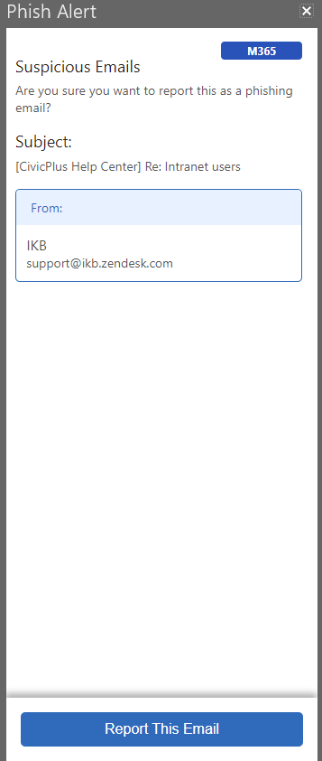 Screenshot of new Phishing Button in Island County employees' Outlook